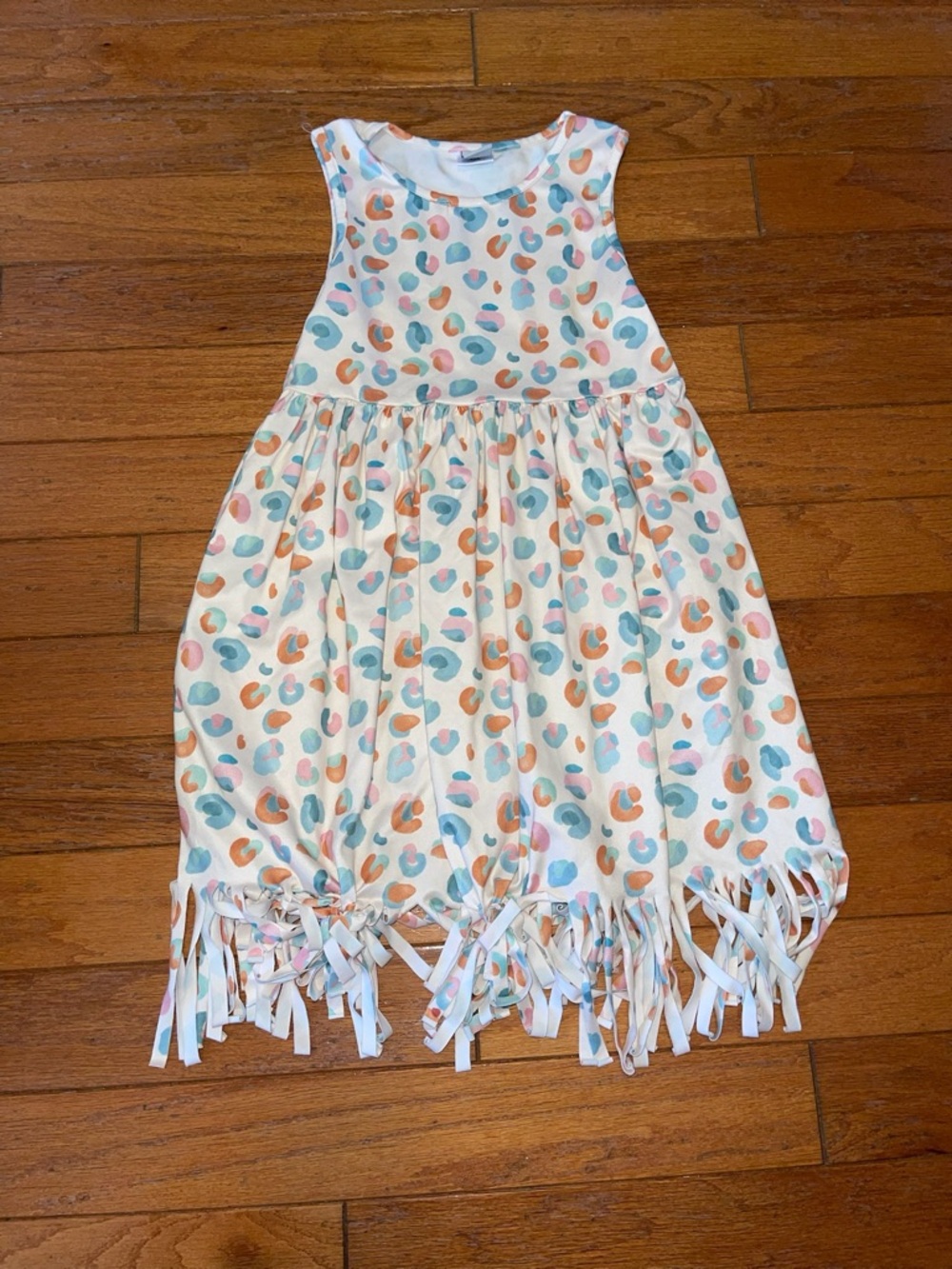 Sleeveless White Tank Dress with Peach & Teal Spot Print and Fringe Hem